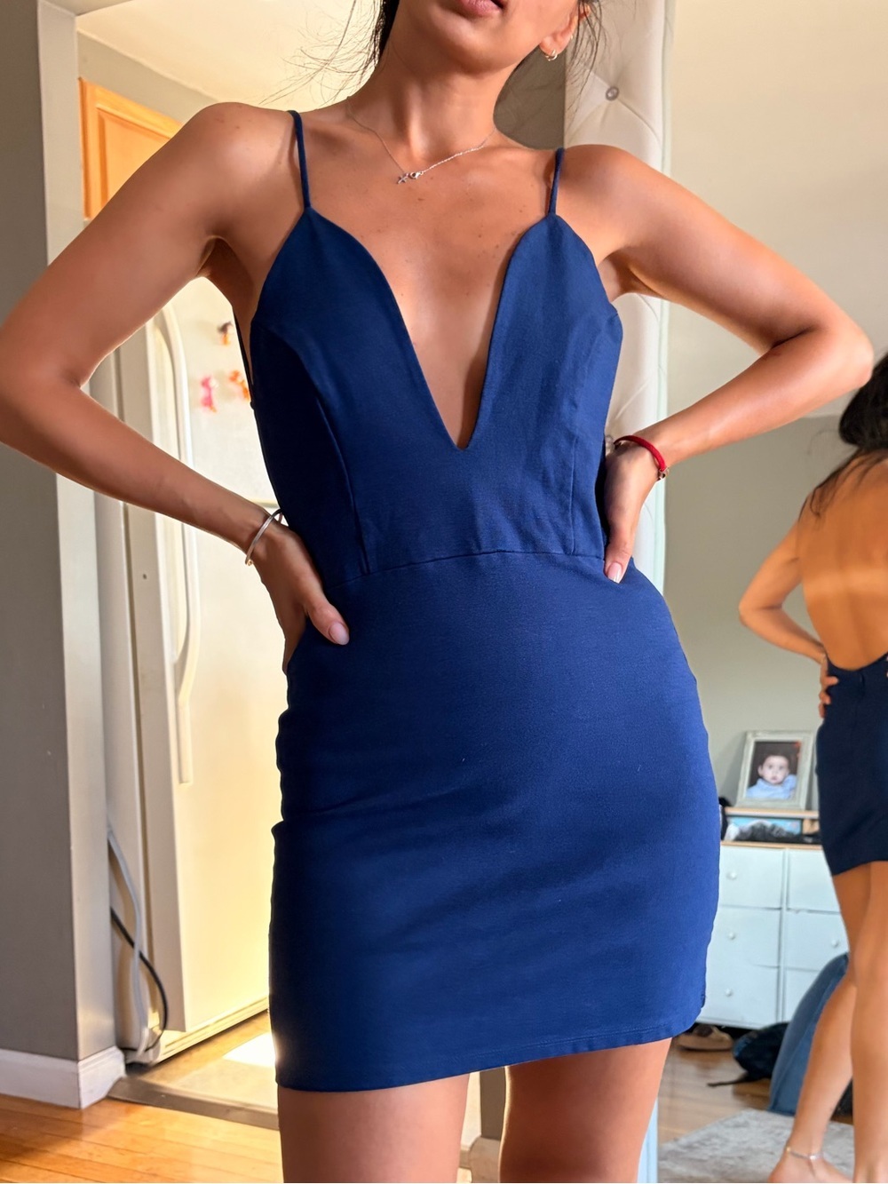 Foreign Exchange Navy Plunge V-Neck Spaghetti Strap Mini Dress